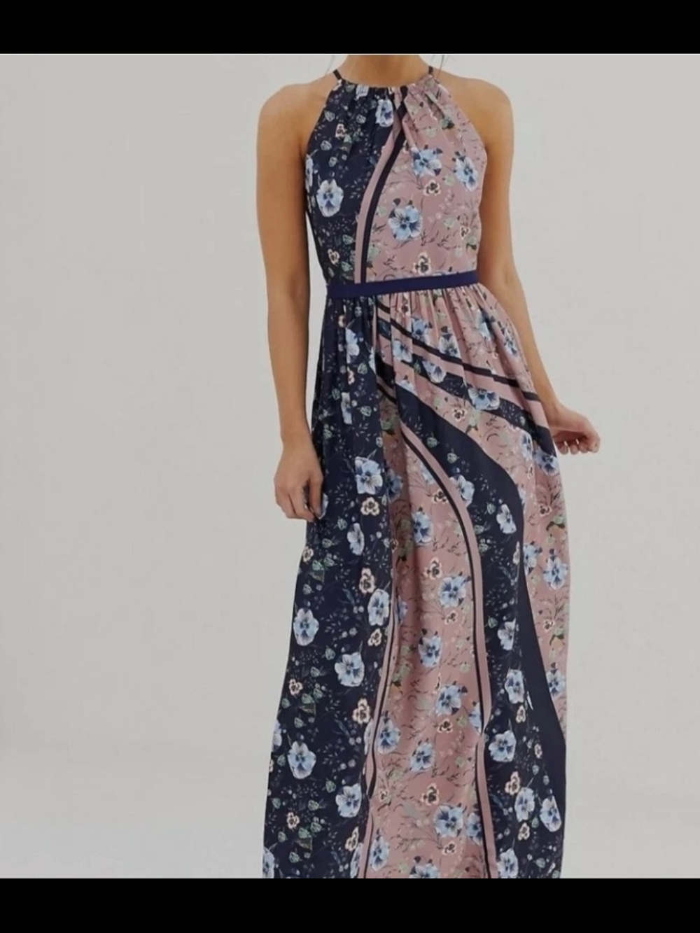 Little Mistress Floral Halter Maxi Dress in Navy and Dusty Rose